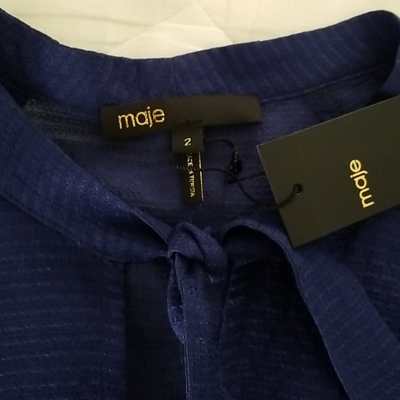 Maje Silk Bow Tie Collar Long Sleeve Blouse Size 6 Blue - Picture 2 of 4
